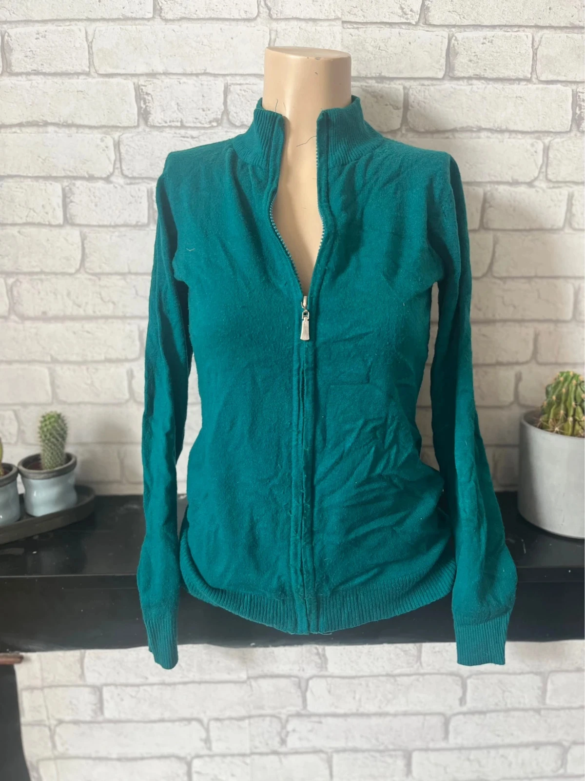 Gilet zippé femme – Laine, soie & cachemire – Vert émeraude – bon état